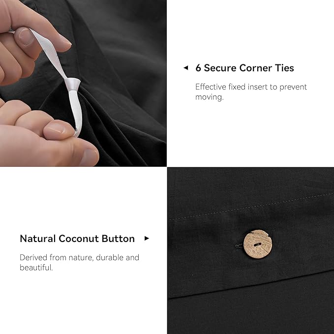 JELLYMONI Cotton Duvet Cover Cal King Size - Pure Black Comforter Cover with Button 100% Washed Cotton 3PCS Breathable Soft Solid Bedding Set Duvet Cover 104×98in & 2 Pillowcases (NO Comforter)
