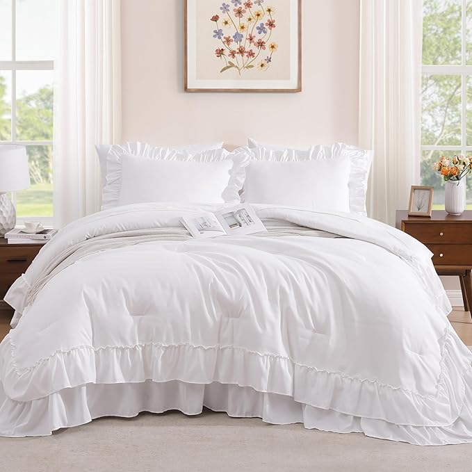 Queen Comforter Set White, Ruffle Shabby Chic Bedding Set Farmhouse 7 Pieces, All Season Fluffy Bed in a Bag with Sheets, Pillowcases & Shams