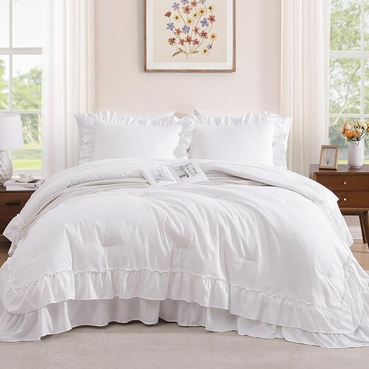 Full Comforter Set White, Ruffle Shabby Chic Bedding Set Farmhouse 7 Pieces, All Season Fluffy Bed in a Bag with Sheets, Pillowcases & Shams