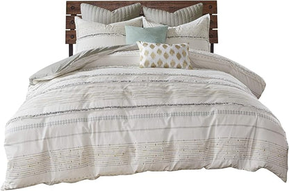 INK+IVY Luxurious Cotton-Bedding Set - Mid Century Trendy Geometric Design, All Season Cozy-Cover With Matching-Shams, King/Cal King, Nea Trims Grey/Multi