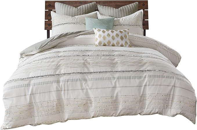 INK+IVY Nea 100% Cotton Duvet Set Mid Century Modern Design, All Season Comforter Cover Bedding Set, Matching Shams, Full/Queen, Stripes Teasel Ivory 3 Piece