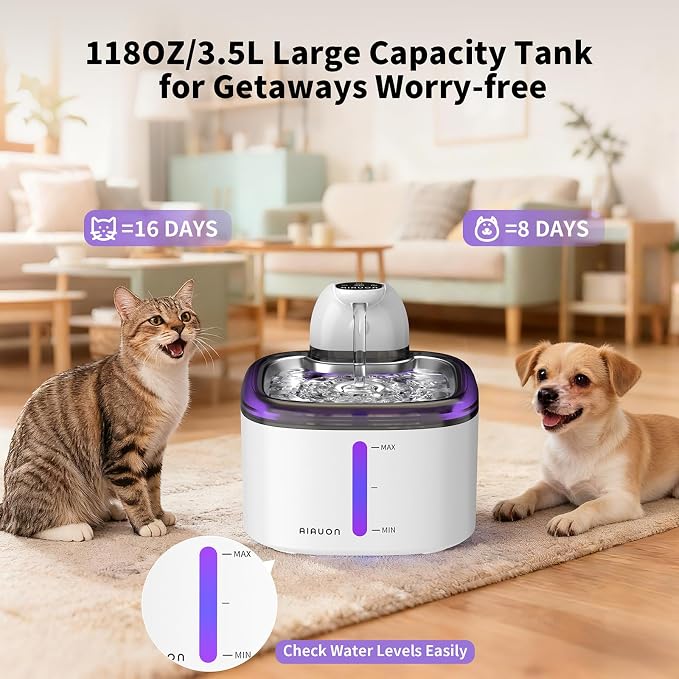 Cat Water Fountain Cordless 118oz/3.5L Wireless & Battery Operated Pet Water Fountain for Indoor Cats, Stainless Steel Tray with Sensor & Timer Modes, Ultra-Quiet, BPA-Free (Cat Fountain+8Filters)