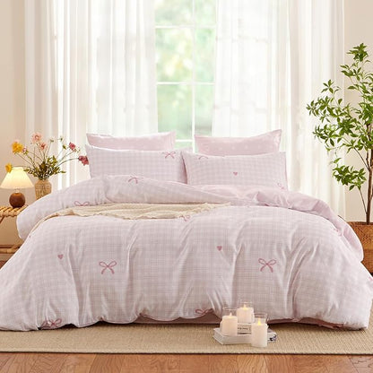 Pink Queen Comforter Set - Pink Bow Comforter Set Queen Size, Heart Quilt Bedding Set 3 Pieces, Soft & Lightweight Comforter(90‘’ x 90‘’) for Girl All Season & 2 Pillowcases(30‘’x20‘’)