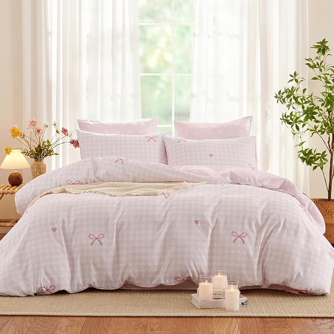 Pink Twin Comforter Set - Pink Bow Quilt Bedding Set 2 Pieces, Heart Comforter Set Twin Size, Soft & Lightweight Comforter(68‘’ x 90‘’) for Girl All Season & 1 Pillowcase(30‘’x20‘’)