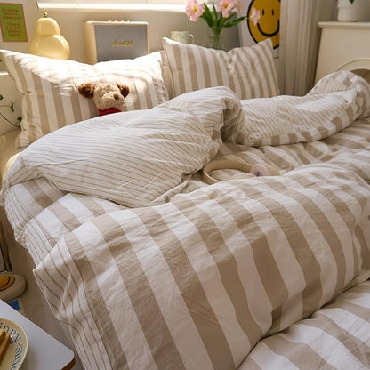 EAVD Khaki Striped Duvet Cover Twin XL Soft Washed Microfiber Farmhouse Vertical Striped Bedding Set with 2 Pillowcases Modern Style Geometric Pattern Duvet Cover with Zipper Closure