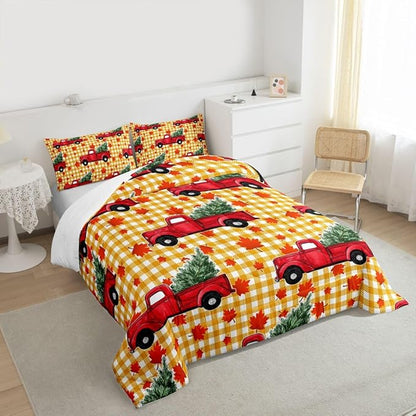 Erosebridal Christmas Comforter Set Queen, Red Truck Down Comforter, Xmas Tree Maple Leaves Bedding Set, Yellow Lattice Grid Bedding Comforters & Sets, Autum Quilt Set for Kids Teens Bedroom Decor
