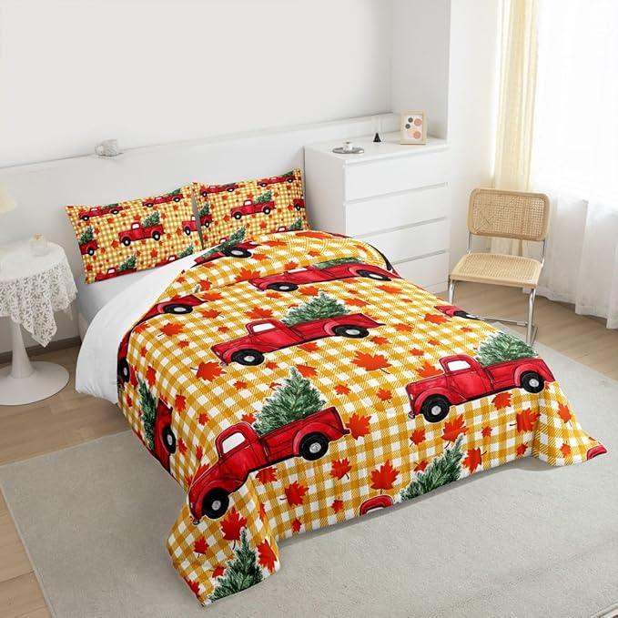 Erosebridal Christmas Comforter Set King, Red Truck Down Comforter, Xmas Tree Maple Leaves Bedding Set, Yellow Lattice Grid Comforters & Sets, Autum Quilt for Kids Teens Bedroom Decor