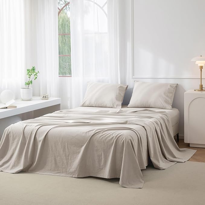 JIYUAN California King Size Sheet Set, 4-Piece - 100% Washed Cotton, Linen-Like Soft & Breathable, Includes Deep Pocket Fitted & Flat Sheet with 2 Pillowcases, Hotel Quality, Heathered Cream Grey