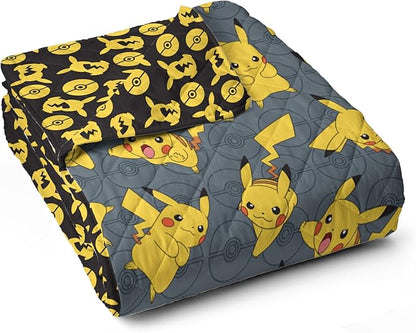 Northwest Pokemon Company Reversible Twin Quilted Blanket - Pikachu & Pokeball Pattern for Anime Fans, Cozy Blanket for Bed, Game Room or Couch, 60x90 inches
