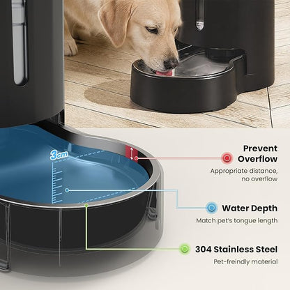 CZPET Dog Water Bowl Dispenser 8L, Wider Mouth Gravity Refilling (Black) | With Stainless Steel Bowl Gravity Waterer, Large Capacity and Drinking Area Noise-Free for Pets