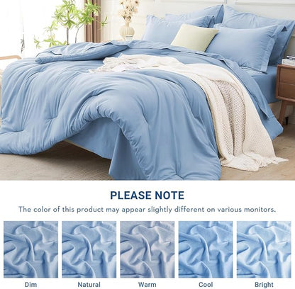 MUXHOMO 7 Pieces King Comforter Set, Soft Bed in a Bag King Size, All Season Bedding Set with Comforter, Flat Sheet, Fitted Sheet, Pillowcases & Shams, Greyish Blue