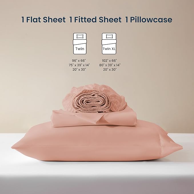 SLEEP ZONE Nanotex Super Soft Cooling Twin Bed Sheets Set for Kids 3 Piece - Easy Care Fitted Flat Sheet & Pillowcase Sets - Wrinkle Free, Fade Resistant, Deep Pocket 16" (Dull Pink, Twin)