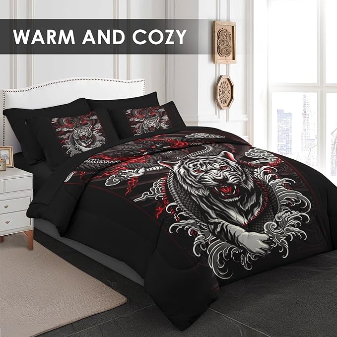 Comforter Set Twin Size, Tiger Dragon 5 Pcs Bedding for Kids and Adults, Black and Red Bed Sheet Sets with Fitted Sheet Pillowcase & Sham for Bedroom Bed Decor