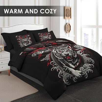 Comforter Set Twin Size, Tiger Dragon 5 Pcs Bedding for Kids and Adults, Black and Red Bed Sheet Sets with Fitted Sheet Pillowcase & Sham for Bedroom Bed Decor