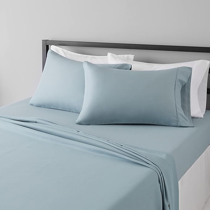 Amazon Basics Lightweight Breathable Super Soft Wrinkle-Free Easy Care Brushed Microfiber 4 Piece Bed Sheet Set with 14-Inch Deep Pockets, Queen, Spa Blue, Solid