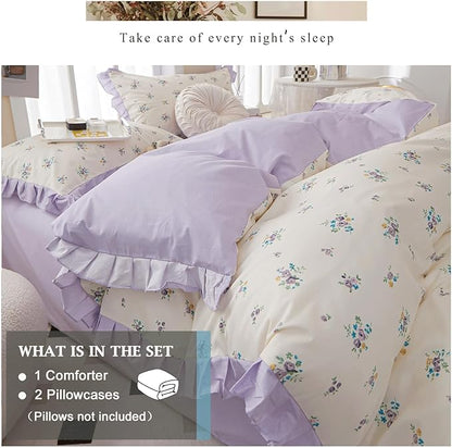 VM VOUGEMARKET Twin XL Comforter Set Twin,Garden Botanical Lavender Flower Bedding Set,Lace Ruffle Comforter and 2 Pillow Shams for Girls Women(3pcs,Twin XL)