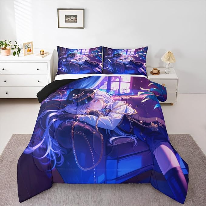 Erosebridal Anime Girl Comforter Set Toddler Size Japanese Anime Bedding Set for Kids Boys Teens Women Bedroom Decor, Cartoon Girl Down Comforter Japanese Animation Kawaii Quilt, Purple