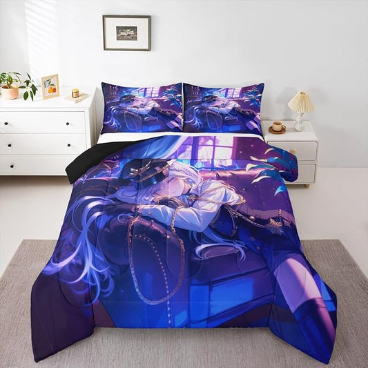 Erosebridal Japanese Anime Comforter Set,Cartoon Uniform Girls Bedding for Boys Teen Bedroom Decoration Cute Japanese Cartoon King Size Duvet Set, Anime Aesthetic Art Quilt with 2 Pillowcases