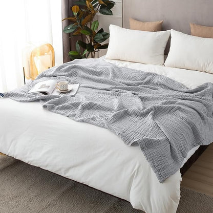 EMME Cooling Cotton Muslin King Blanket Bed Layering Bedspread Coverlet Breathable Gauze Soft Lightweight (Light Grey, 108"x90")