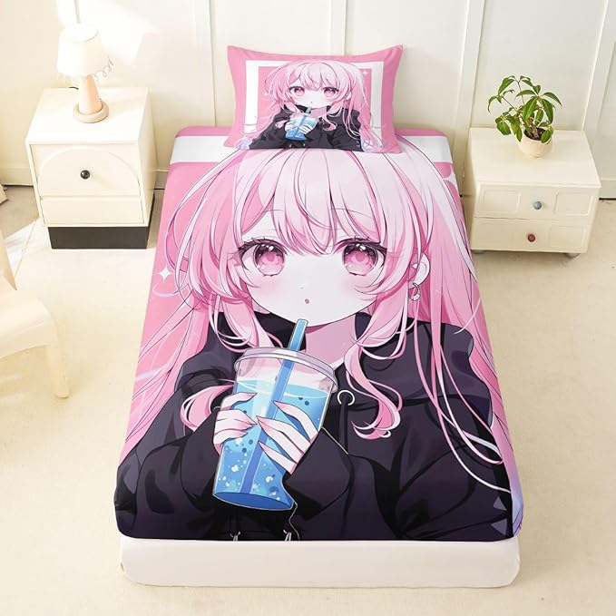Erosebridal 3D Japanese Twin Bed Sheets Anime Girl Drinking Milk Tea Fitted Sheet,Cute Kawaii Girly Kids Bedding Sets Modern Fashion Aesthetic Sheets with 1 Pillowcase