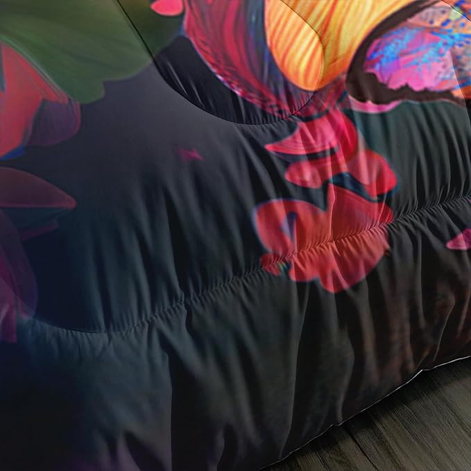 Mushroom Bedding - King Bed Comforter Set, Black & Cute Boho Mushroom Bedroom Decor