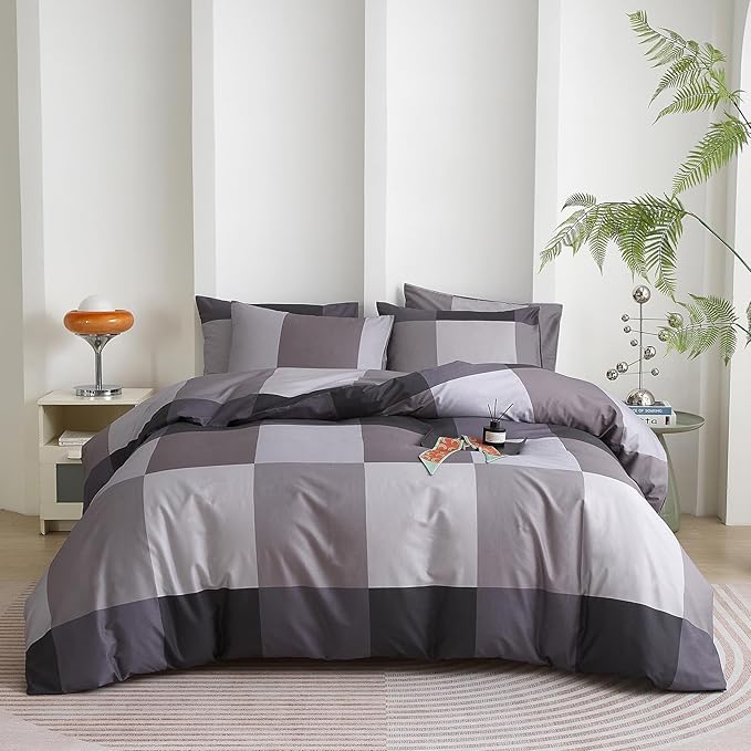 mixinni Queen Comforter Set Men Boys Geometric Checkered Plaid Printed Bedding Comforter for All Season Soft Lightweight Bedding Set-(Queen Size, Grey,Black)