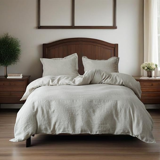Simple&Opulence 100% Washed Linen Duvet Cover Set 78"x86" - 3 Pieces Soft Farmhouse Comforter Set Double Embroidered with Button Closure - 1 Duvet Cover and 2 Pillowshams (Linen, Full)