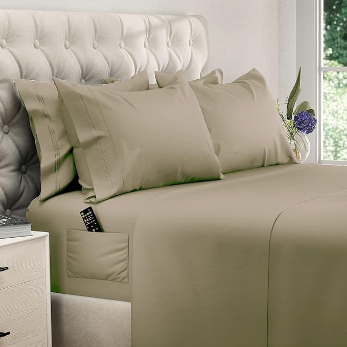 DREAMCARE Queen Sheet Set – 6 pcs Cooling Bed Sheets – up to 21” Deep Pocket Queen Sheets Set – 2500 Supreme Collection – Extra Soft 100% Brushed Microfiber Hotel Luxury with Side Pocket, Eucalyptus