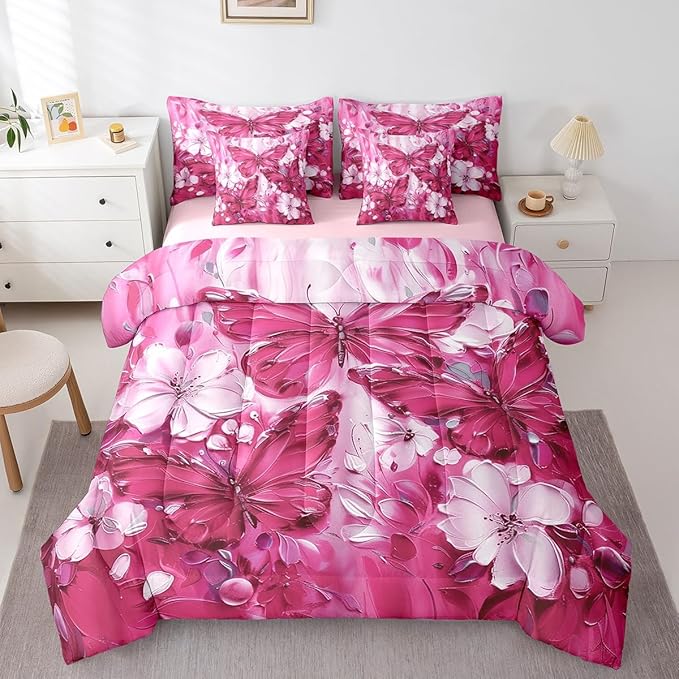 Erosebridal Girls Hot Pink Butterfly Bedding Sets Twin 7 Piece White Flowers Oil Painting Boho Kids Comforter Set Retro Aesthetics Bohemian Butterfly Bed in A Bag,Floral Butterfly Sheet Set