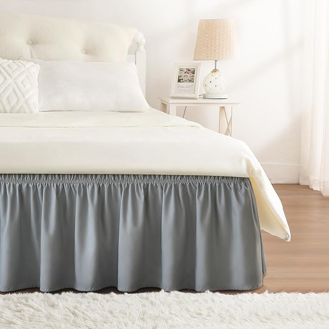 RIMELA Gray King Size Bed Skirt 15 Inch Drop, Elastic Bed Skirting Cal King, Light Grey Bedskirt for Adjustable Bed Base and Frame, Lightweight Wrap Around Dust Ruffle