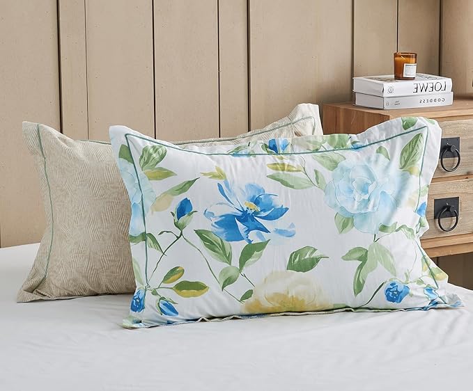 SLEEPBELLA Duvet Cover King, 600 Thread Count Cotton 3pcs Bedding Set Blue Flowers and Green Leaves Printed on White Reversible Comforter Cover
