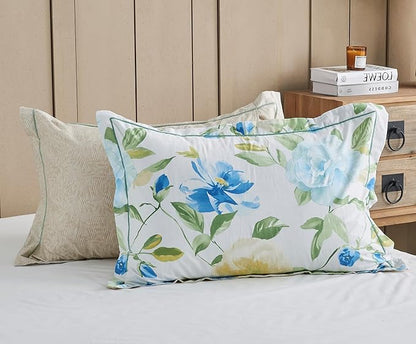 SLEEPBELLA Duvet Cover King, 600 Thread Count Cotton 3pcs Bedding Set Blue Flowers and Green Leaves Printed on White Reversible Comforter Cover