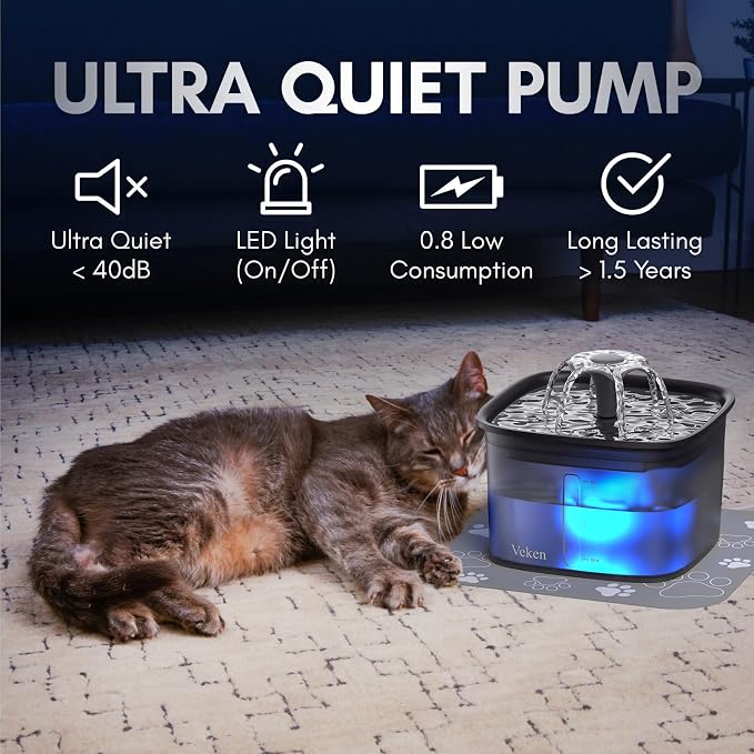 Veken Innovation Award Winner 95oz/2.8L Cat Water Fountain | Automatic Pet Fountain Dog Water Dispenser with Replacement Filters & Silicone Mat for Cats, Dogs (Space Black)