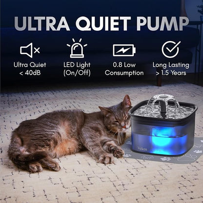 Veken Innovation Award Winner 95oz/2.8L Cat Water Fountain | Automatic Pet Fountain Dog Water Dispenser with Replacement Filters & Silicone Mat for Cats, Dogs (Space Black)