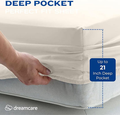 DREAMCARE Full Size Sheets – 4 pcs Cooling Sheets – up to 21” Deep Full Sheet Set – Hotel Luxury Sheets & Pillowcases – Superior Softness 100% Fine Microfiber with Side Pocket – Ivory