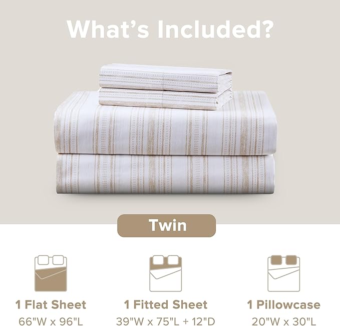 Comfort Spaces 100% Cotton Sheets Twin, Breathable, Naturally Cool Cotton Sheets, Cotton Bed Sheets with 12" Elastic Pocket Fits up to 14" Mattress, All Seasons Sheet Set, Good Vibes Taupe 3 Piece