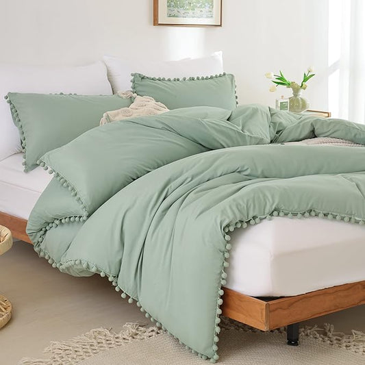 YIRDDEO King Size Comforter Set - King Size Comforter with Ball Pom Fringe, Soft King Bedding Set for All Seasons - 3 Pieces, 1 Comforter (104"x90"inches) & 2 Pillow Shams(20"x36"), Sage Green