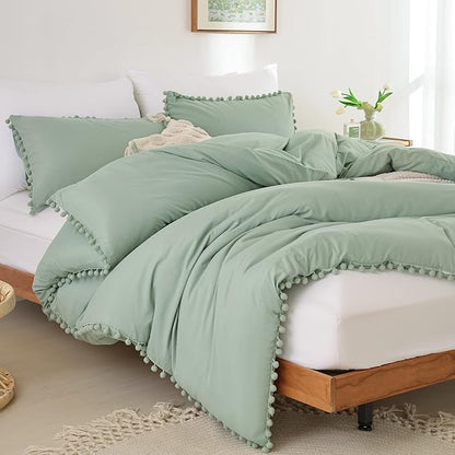 YIRDDEO Twin Comforter Set - Comforter Twin Size Bed with Ball Pom Fringe, Soft Bedding Set for All Seasons - 2 Pieces, 1 Comforter (66"x90") & 1 Pillow Sham(20"x26"), Sage Green