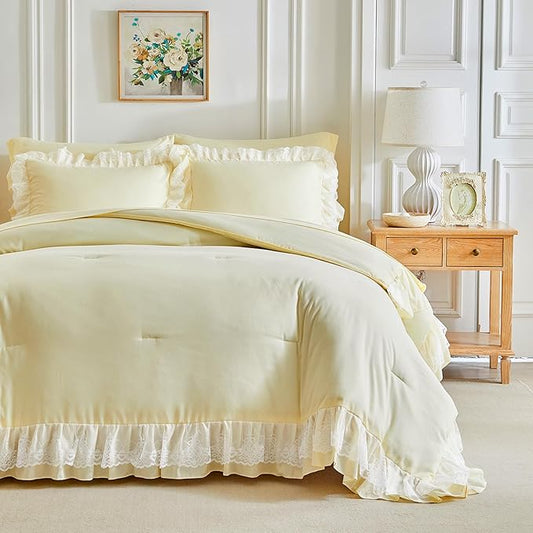 Joyreap King Size Comforter Set Yellow, 3pcs Lace Ruffled Bedding Comforter Set, Microfiber Vintage Boho Chic Bedding Set for All Season- 100x88 inches