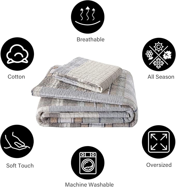 PANGUSHAN Quilts Sets Queen Size,100% Cotton Queen Quilted Bedspreads Bedding Set,Patchwork Plaid Quilt for Queen Bed,Tan/Grey Farmhouse Rustic Bed Spread,Reversible Lightweight Comforter,3-Piece