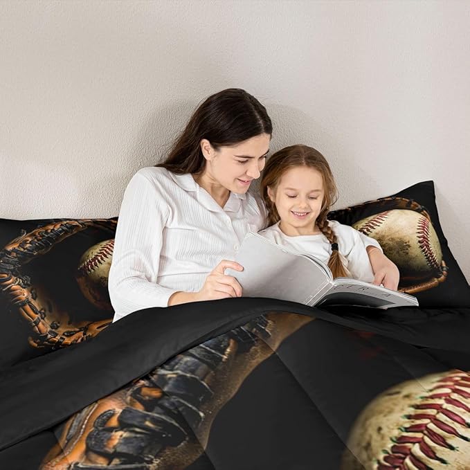 Erosebridal Baseball Comforter Set Queen Size Sports Game Bedding Baseball Player Duvet Insert for Kids Boys Teens Retro Style Quilt for Room Dorm Decorative, Brown Down Comforter