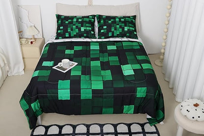 Pixelated Miners GameComforter Set King Size,Geometric Check Video Games Kids Bedding Set,Gamepad Camo Grid Quilt Comforter,Black Green Duvet Insert,2 Pillowcases