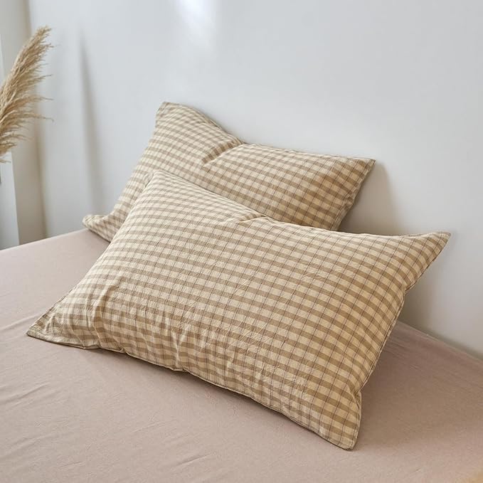 EAVD Vintage Style Brown&Beige Plaid Duvet Cover Full Soft 100% Washed Cotton Chic Checkered Gingham Bedding Set with 2 Pillowcases Farmhouse Brown Gingham Duvet Cover with Zipper Closure
