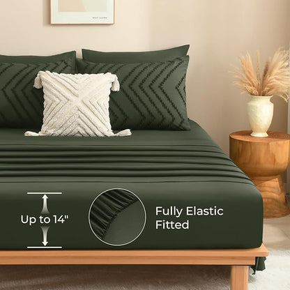 Litanika California King Comforter Set with Sheets Dark Olive Green - 7 Pieces Bed in a Bag Cal King Chevron Tufted Complete Bedding Sets with Comforter, Sheets, Pillowcases & Shams