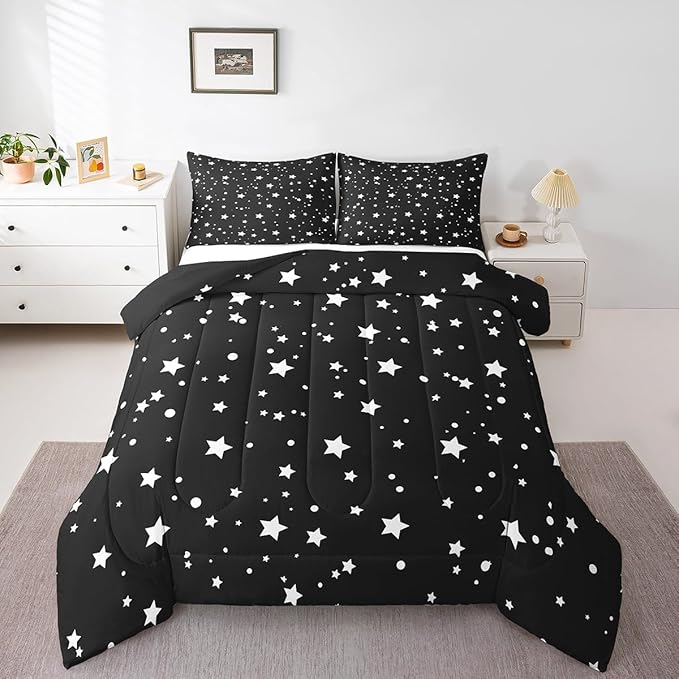 Starry Sky Comforter Set King Size Galaxy Star Bedding Set for Kids Boys Girls, Outer Space Down Comforter, Black and White Geometric Polka Dots Quilt Set Warm Soft Bedroom Decor 2 Pillow Cases