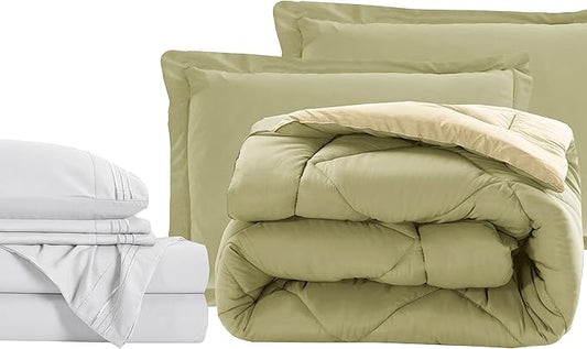Elegant Comfort 7-Piece Bed-in-a-Bag Comforter & Sheet Set- Luxury 1500 Thread Count 7-Piece Full Size Bed-in-a-Bag, Super Cozy Bed Sheets and Comforter Set, Wrinkle and Stain Resistant, Sage/Cream