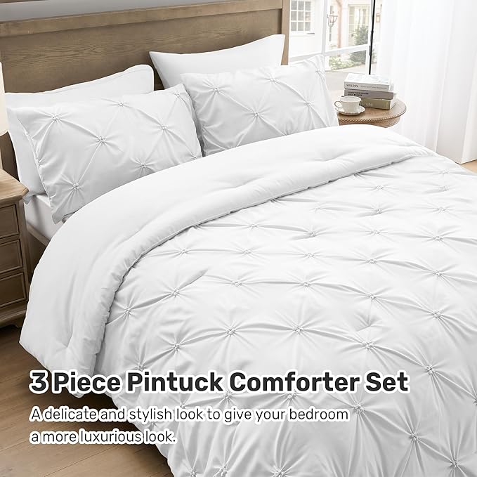 UNIKOME King Size Comforter Set White - Ultra Soft Boho Pintuck Down Alternative Bedding Set for All Seasons, 3 Pieces Lightweight Warm Pinch Pleat Bed Set with Comforter, 2 Pillowcases
