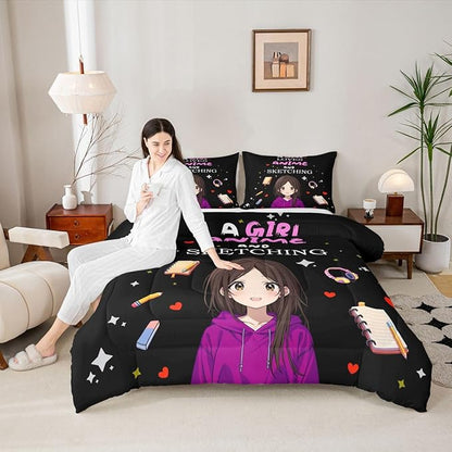 Erosebridal Japanese Girl Bedding Set Anime Cartoon Twin Down Comforter Japanese Style Girly Black Comforter Set Aesthetic Cool Anime Modern Art Quilt Set for Kids Bedroom Decor