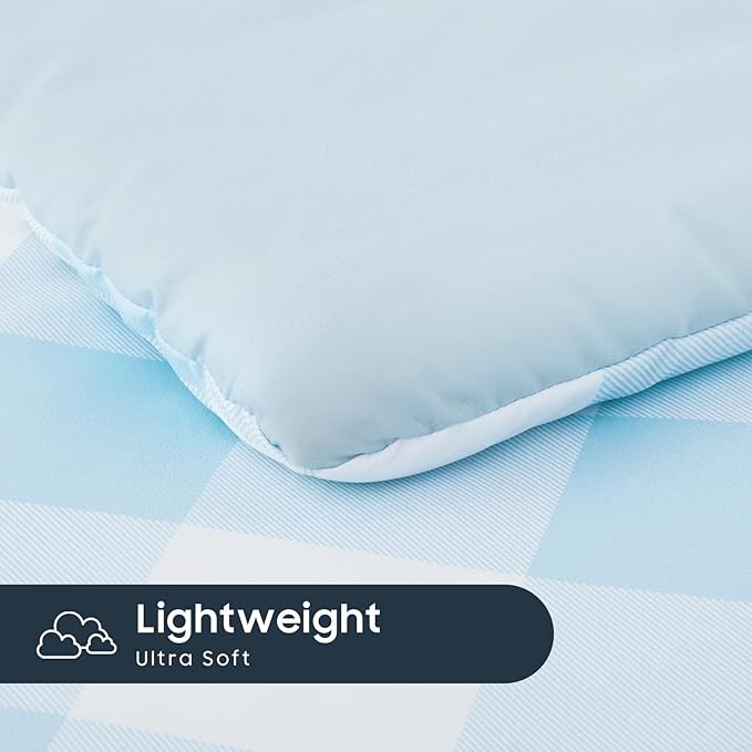 Wake In Cloud - Gingham Toddler Bedding Set for Girls Boys, Cute Plaid Buffalo Check, 4 Pieces Soft Crib Bed Set Including Comforter, Sheets and Pillowcase, Light Blue