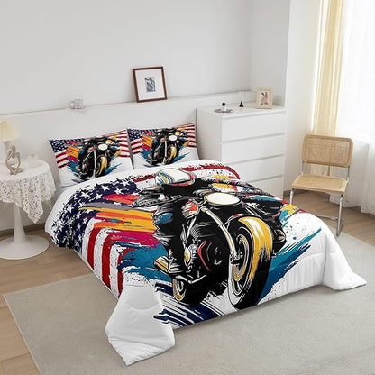 Feelyou Dirt Bike Comforter Set King Size American Flag Comforter Extreme Sports Bedding Set Racing Motocross Rider Duvet Set Room Decor White Quilt Set